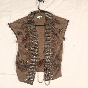 Cue & Emm Cardigan Womens Small Brown Wool Blend Sequin Embellished Tie Sweater
